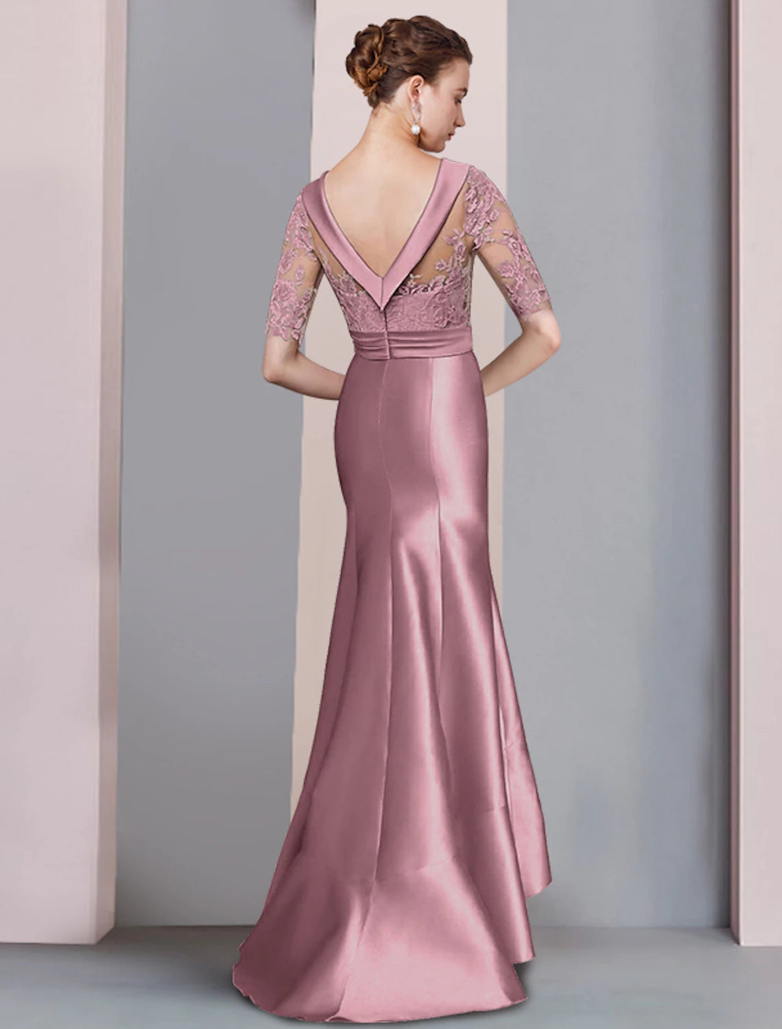Wholesale  Mermaid / Trumpet Mother of the Bride Dress Formal Fall Wedding Guest Dresses Elegant High Low Scoop Neck Sweep / Brush Train Asymmetrical Satin Lace Half Sleeve with Bow(s) Appliques